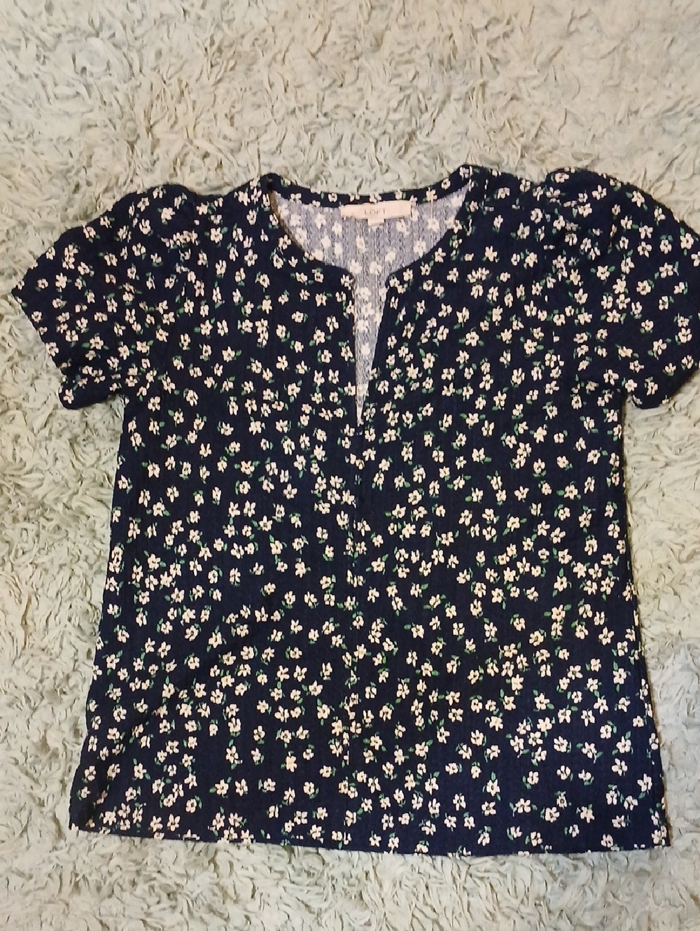 LOFT Navy Floral Short Sleeve Notch Neck Blouse